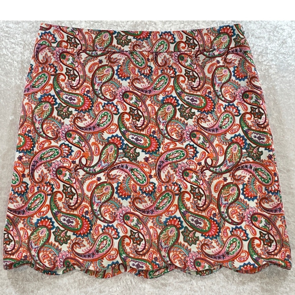 Talbots Paisley Skirt Women 8 Multi-Color EUC Scalloped Hem Cotton Stretch